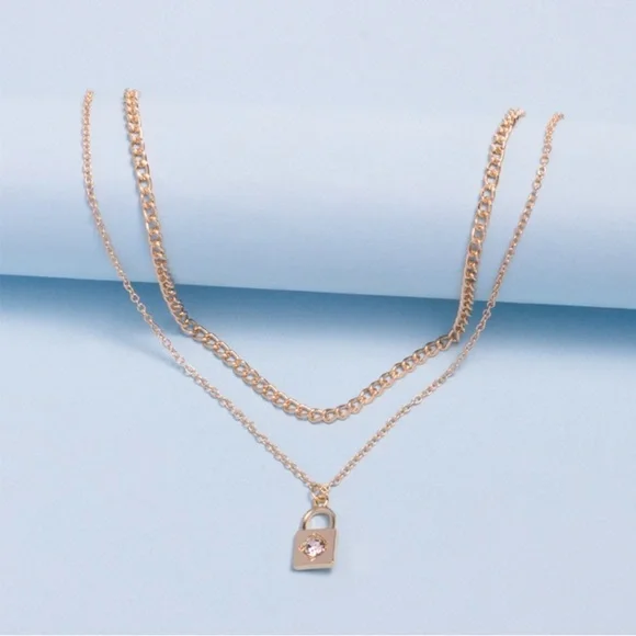 Elegant Gold Color Layered Necklace with Lock Pendant - Picture 5 of 9